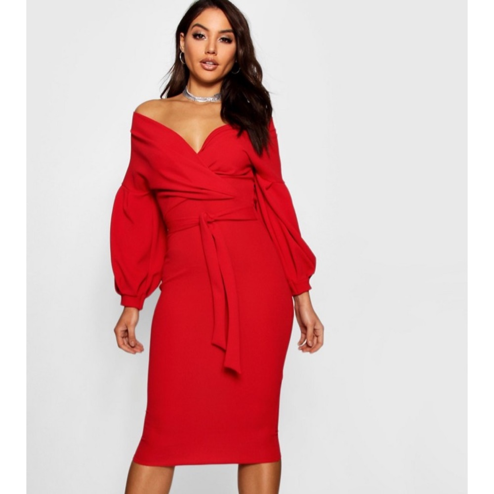 Off Shoulder Red Bardot Pencil Dress